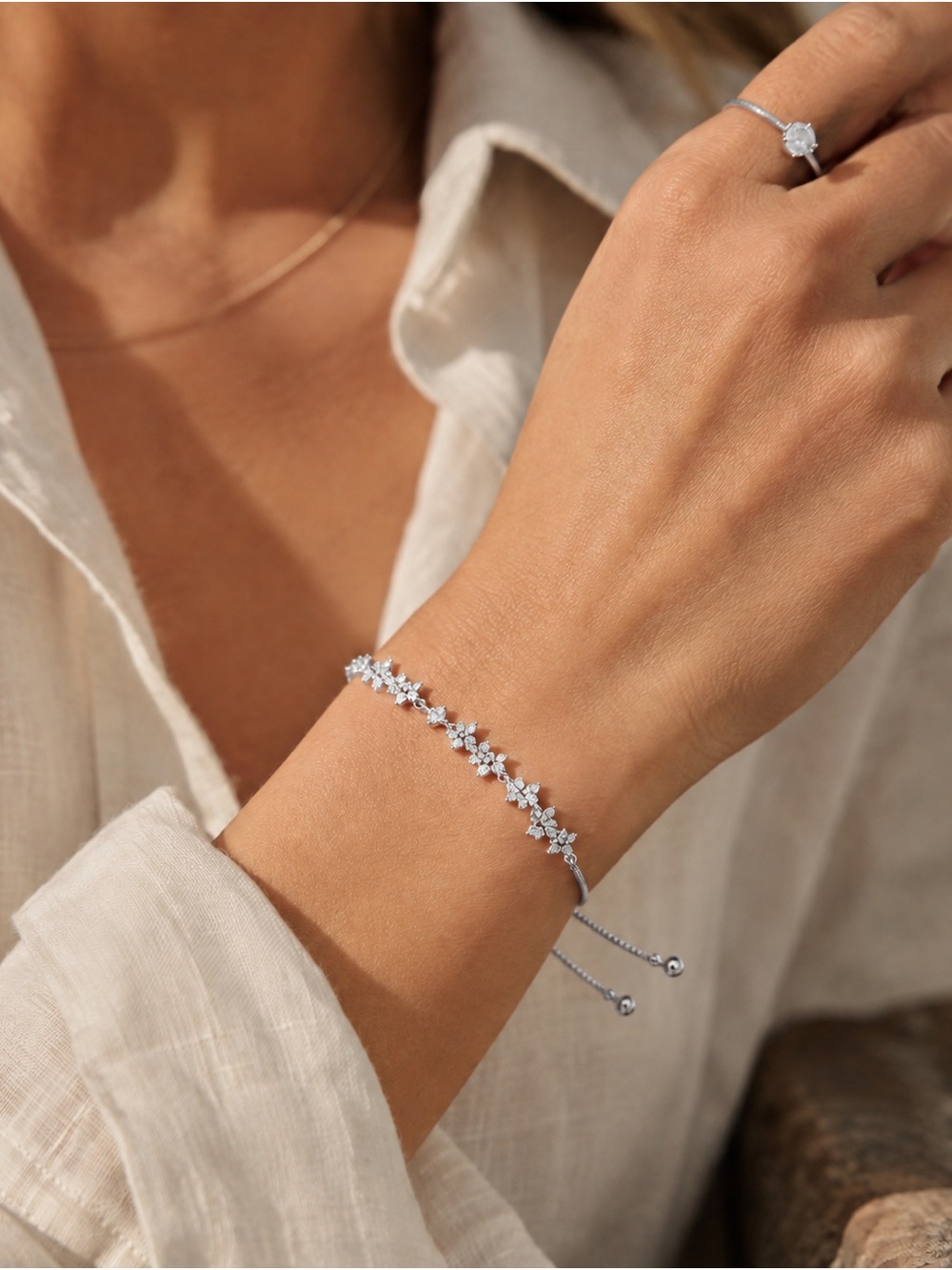 Silver Tone Crystal Floral Adjustable Slider Bracelet